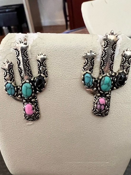 Jewelry - Turquoise & Pink Cactus Silver Earrings - Women's Southwestern Jewelry